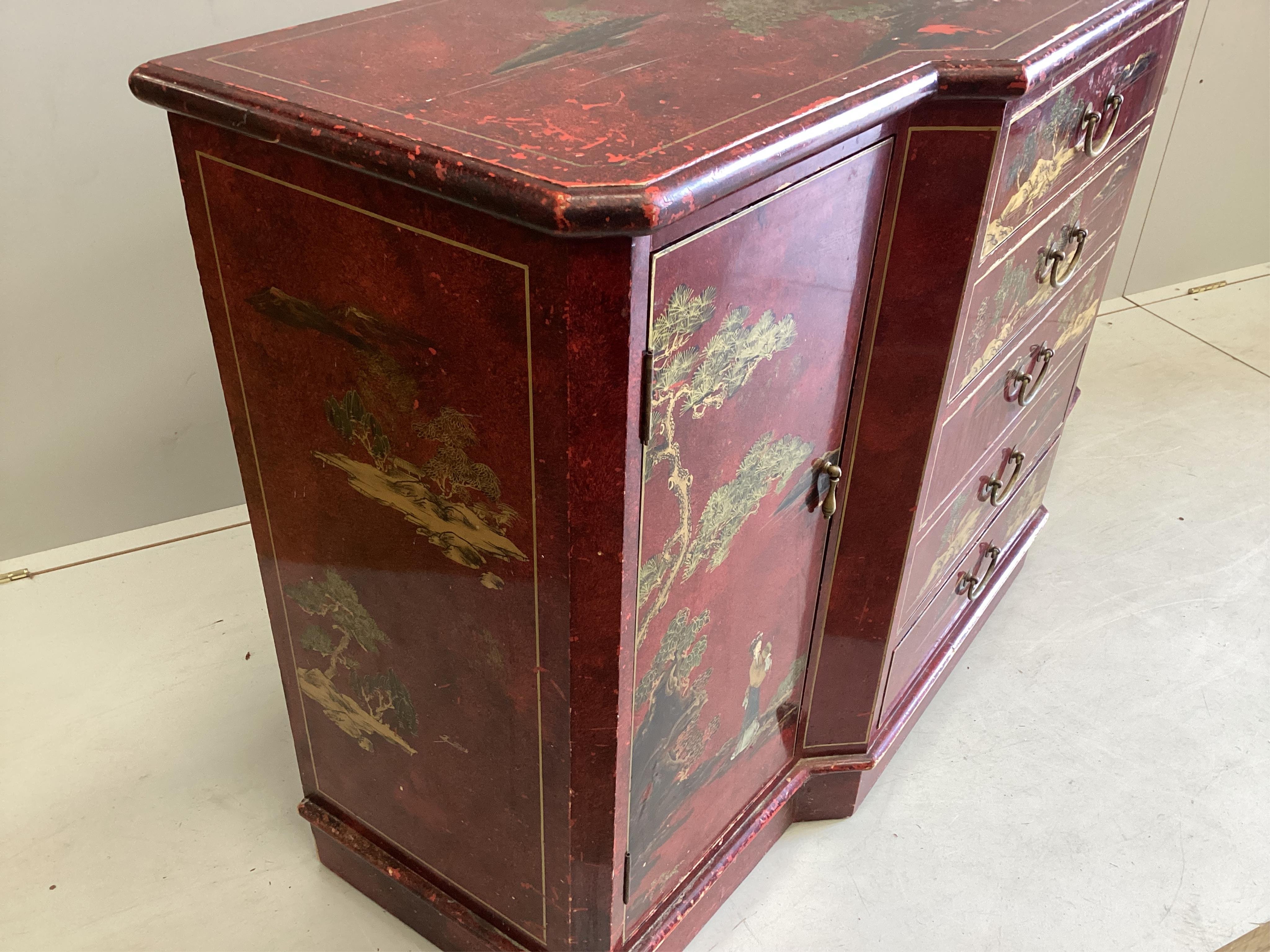 A chinoiserie lacquer breakfront side cabinet, width 142cm, depth 48cm, height 86cm. Condition - poor-fair